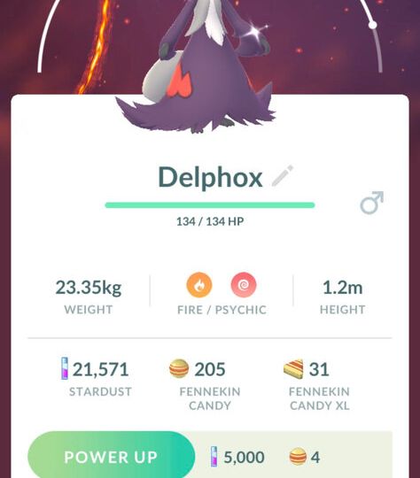 Pokémon GO screenshot of Shiny Delphox that knows the Pokémon GO Community Day exclusive move Blast Burn