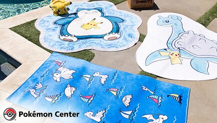 Official Pokémon Summer Days collection available now at the Pokémon Center featuring new Pokémon floats, towels and more starring Pikachu, Lapras, Snorlax, Mantyke and more