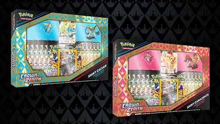 Full content details revealed for the new Pokémon TCG: Crown Zenith Premium Figure Collections featuring Shiny Zacian and Shiny Zamazenta available now at the Pokémon Center and where Pokémon TCG products are sold