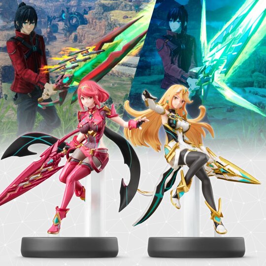 Super Smash Bros. Ultimate amiibo for DLC fighters Pyra and Mythra available now as a double pack, each amiibo unlocks a unique Aegis Sword weapon skin that characters using the Swordfighter class can wield in Xenoblade Chronicles 3