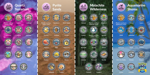 Here are all the Pokémon and Shiny Pokémon you can encounter at the Quartz Terrarium, Pyrite Sands, Malachite Wilderness and Aquamarine Shores habitats during Pokémon GO Fest 2023: Global