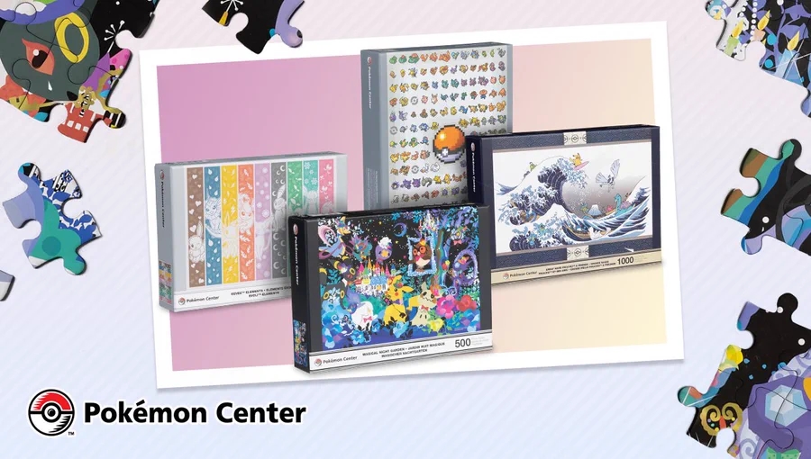 New selection of jigsaw puzzles featuring Pokémon art including The Great Wave off Kanagawa by Katsushika Hokusa available now at the Pokémon Center