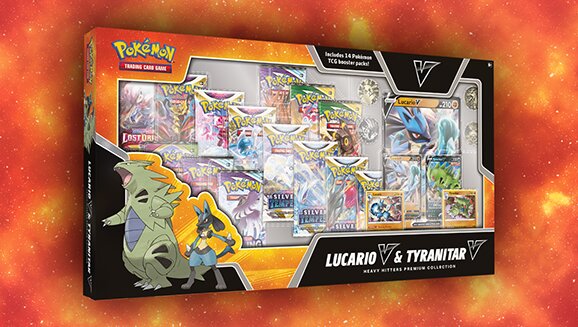 Full content details revealed for the new Pokémon TCG: Heavy Hitters Premium Collection (Fall 2023) featuring Lucario V and Tyranitar V, which is now available exclusively at Sam’s Club stores