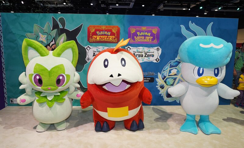 Sprigatito, Fuecoco, Quaxly and Pikachu are at Nintendo Live 2023 to promote Pokémon Scarlet and Violet The Hidden Treasure of Area Zero DLC