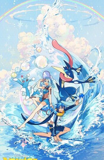 New Pokémon feat. Hatsune Miku Project Voltage artwork unveiled: “With the Sea” by iXima featuring surfing Hatsune Miku, Kaito, Brionne and Greninja