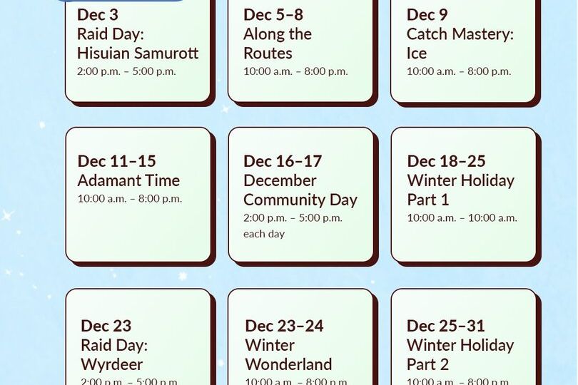 Raid Day: Hisuian Samurott, Along the Routes, Catch Mastery: Ice, Adamant Time, December Community Day, Winter Holiday Part 1, Raid Day: Wyrdeer, Winter Wonderland and Winter Holiday Part 2 revealed as new Pokémon GO events for December 2023