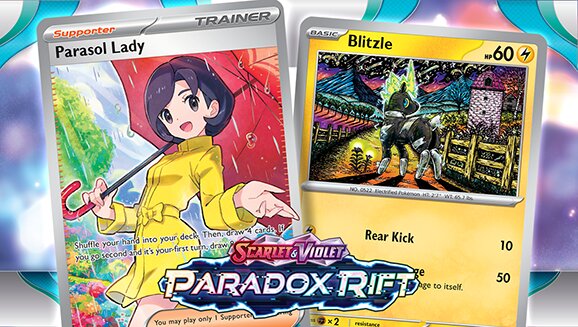 Close look at some of the beautiful art of the Pokémon TCG: Scarlet & Violet—Paradox Rift expansion featuring Parasol Lady, Toedscool, Garbodor, Blitzle, Minior and more cards