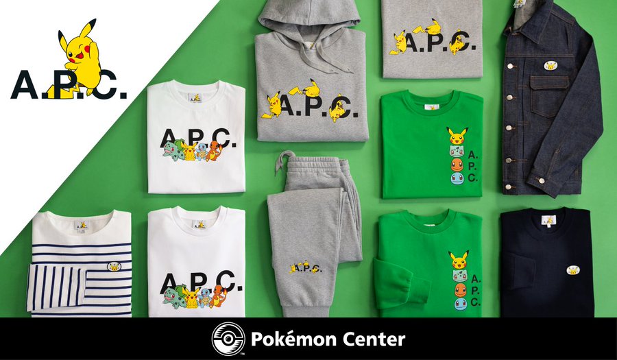 New Pokémon x A.P.C. capsule collection featuring apparel and accessories adorned with the adorable faces of Pikachu, Bulbasaur, Charmander and Squirtle available now at the Pokémon Center