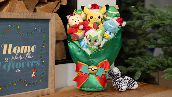 New holly, jolly Pokémon Plush Bouquet featuring Pikachu, Sprigatito, Fuecoco and Quaxly wearing festive holiday hats available now at the official Pokémon Center