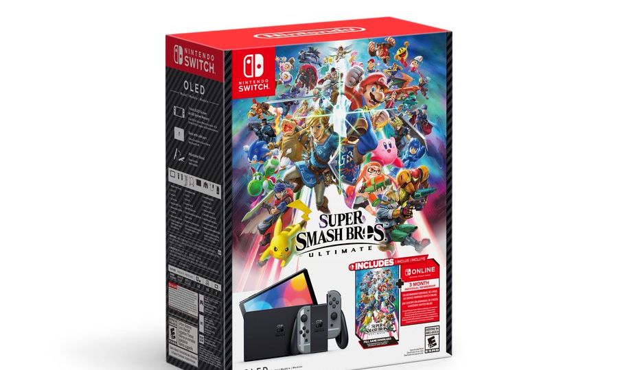 Nintendo Switch – OLED Model system + Super Smash Bros. Ultimate bundle that includes digital copy of the game, Nintendo Switch Online membership and exclusive Joy-Con controllers inspired by Super Smash Bros. Ultimate available now while supplies last