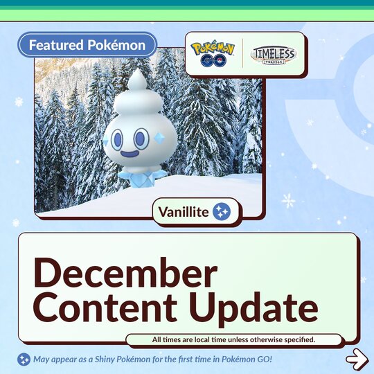 Vanillite is now the featured Pokémon of December 2023 in Pokémon GO, Shiny Vanillite, Shiny Vanillish and Shiny Vanilluxe now available in Pokémon GO for the first time