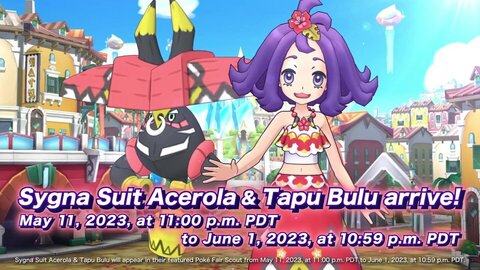 New Triple Feature Poké Fair Scout featuring Sygna Suit Acerola & Tapu Bulu, Sygna Suit Lana & Tapu Lele, and Sygna Suit Mina & Tapu Fini now available in Pokémon Masters EX, full event details revealed