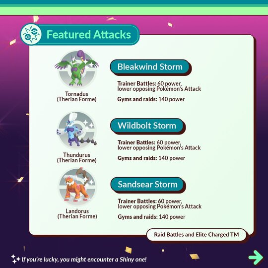 Raid Hour event featuring Therian Forme Tornadus and Shiny Therian Forme Tornadus that know Bleakwind Storm available in Pokémon GO tomorrow, January 10, from 6 p.m. to 7 p.m. local time
