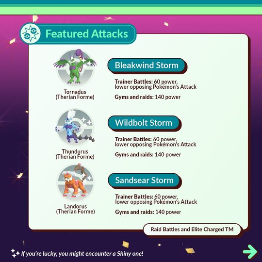 Therian Forme Thundurus and Shiny Therian Forme Thundurus that know the new move Wildbolt Storm now available in five-star raids in Pokémon GO until January 24