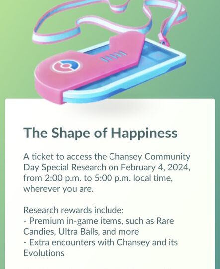 Chansey Pokémon GO Community Day now underway in the Asia-Pacific region from 2 p.m. to 5 p.m. local time, The Shape of Happiness Special Research story now live and new event-themed stickers now available