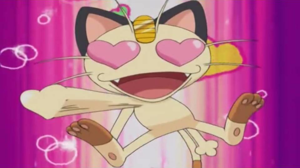 Video: Meowth vows to protect his new love Glameow at all costs… until she evolves into Purugly in Pokémon DP Sinnoh League Victors