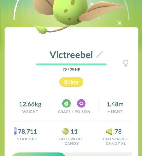 Pokémon GO screenshot of Shiny Victreebel with the Pokémon GO Community Day exclusive move Magical Leaf