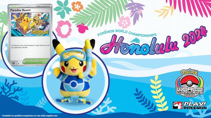 Exclusive plush Pikachu and Paradise Resort promo card revealed for the 2024 Pokémon World Championships, both items will be available to qualified Worlds competitors while supplies last, with the Pikachu plush available for purchase at the on-site Pokémon Center pop-up store