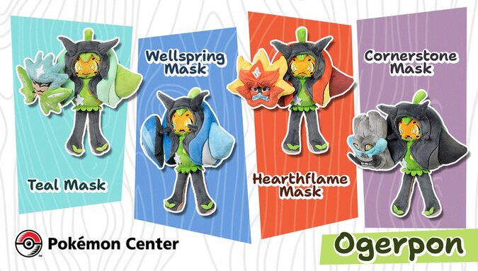 New Ogerpon Poké Plush holding different masks are available now from Pokémon Center