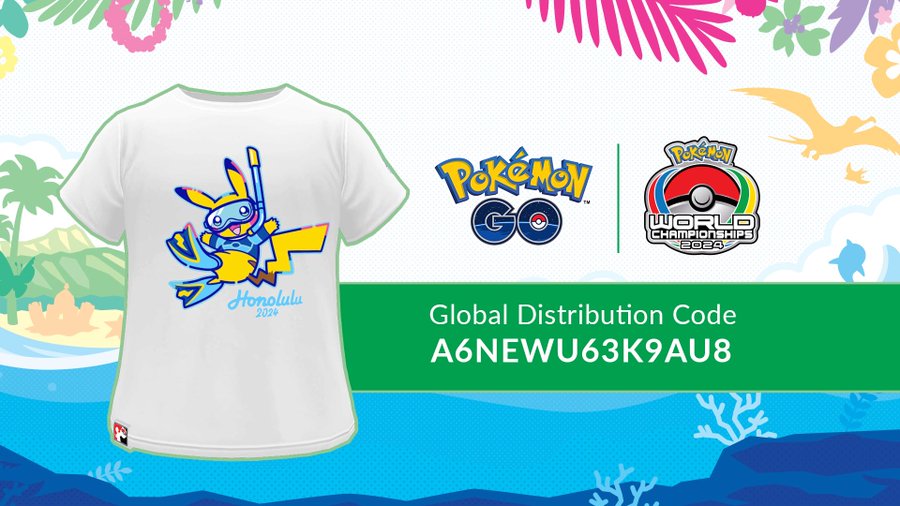 You can now use the global distribution code A6NEWU63K9AU8 to get this special 2024 Pokémon World Championships T-shirt avatar item in Pokémon GO