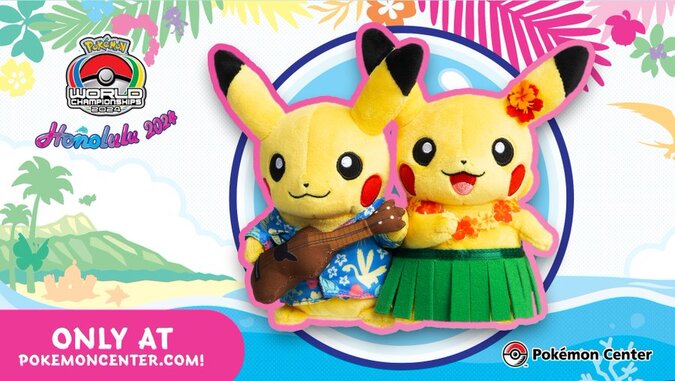 New Tropical Pikachu Pair Plush available now at the official Pokémon Center to celebrate the 2024 Pokémon World Championships
