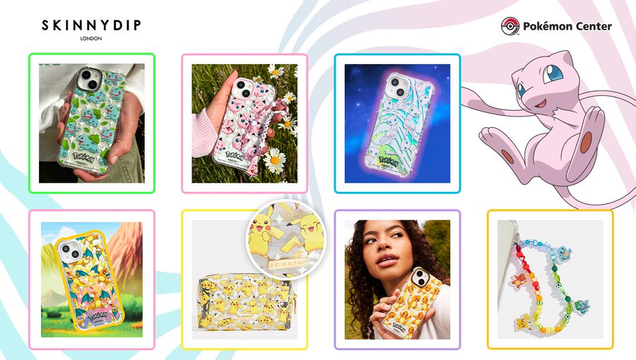 Select Pokémon × Skinnydip phone cases and accessories available now at Pokémon Center including cases featuring Pokémon patterns Pikachu, Eevee, Jigglypuff, Snorlax, Mew and more