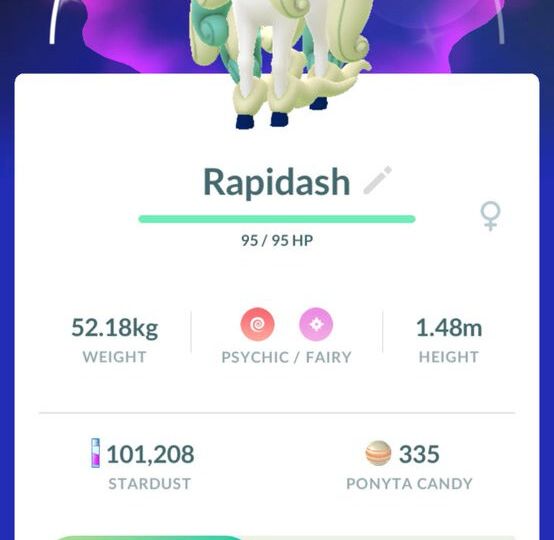 Pokémon GO screenshot of Shiny Galarian Rapidash that knows the Pokémon GO Community Day exclusive move Wild Charge