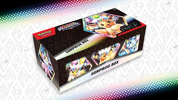 Full content details and release date revealed for the new Pokémon TCG: Scarlet & Violet—Prismatic Evolutions Surprise Box featuring Eevee ex, Vaporeon ex, Jolteon ex, Flareon ex, Espeon ex, Umbreon ex, Leafeon ex, Glaceon ex or Sylveon ex