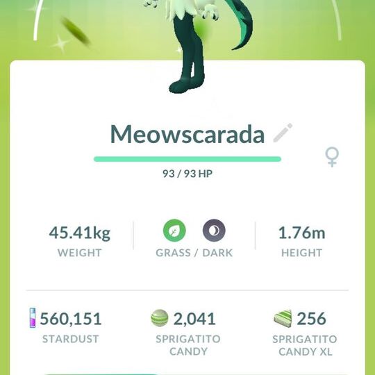 Pokémon GO screenshot of Shiny Meowscarada that knows the Pokémon GO Community Day exclusive move Frenzy Plant, Meowscarada can now learn Flower Trick for the first time