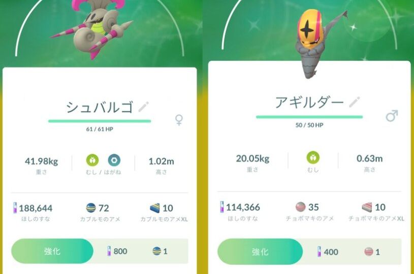 Pokémon GO screenshots of Shiny Escavalier that knows the Pokémon GO Community Day exclusive move Razor Shell and Shiny Accelgor that knows Energy Ball