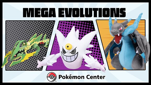 Shiny Mega Gengar, Shiny Mega Rayquaza, Mega Blastoise, Mega Charizard X, Mega Charizard Y, Mega Mewtwo X and Mega Rayquaza available now as plush at the official Pokémon Center