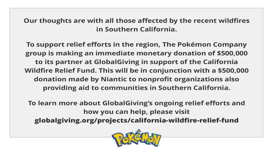 The Pokémon Company and Niantic pledge $1 million donation to support Los Angeles wildfire recovery efforts