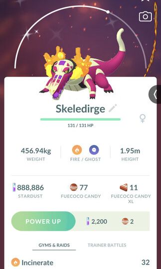 Pokémon GO screenshot of Shiny Skeledirge that knows the Pokémon GO Community Day exclusive move Blast Burn