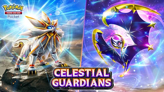 New Pokémon TCG Pocket Celestial Guardians expansion available now featuring Alola region Pokémon cards including Rowlet, Litten, Popplio, Solgaleo ex, Lunala ex, Alolan Raichu ex and more