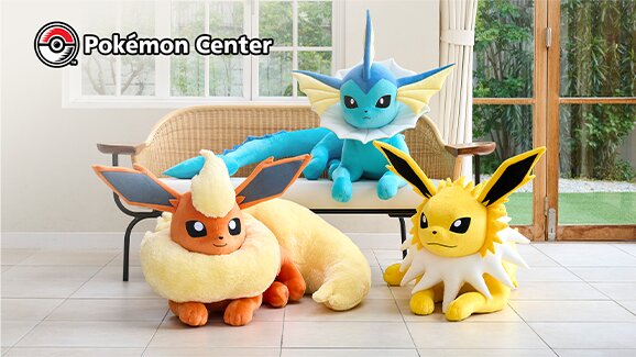 New extra large Pokédex size of Vaporeon, Jolteon and Flareon plush available now to preorder at the official Pokémon Center until May 15
