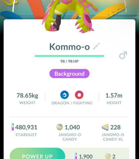 Pokémon GO screenshot of Shiny Kommo-o that knows the Pokémon GO Community Day exclusive move Clanging Scales