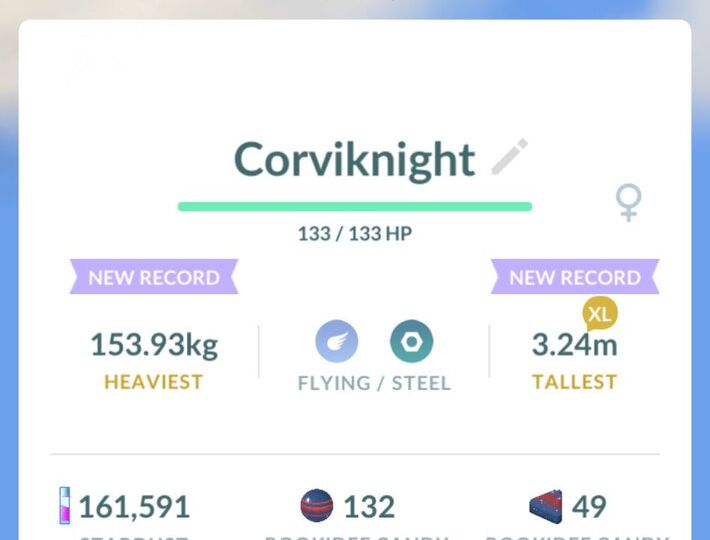 Pokémon GO screenshot of Shiny Corviknight that knows the Pokémon GO Community Day exclusive move Air Cutter