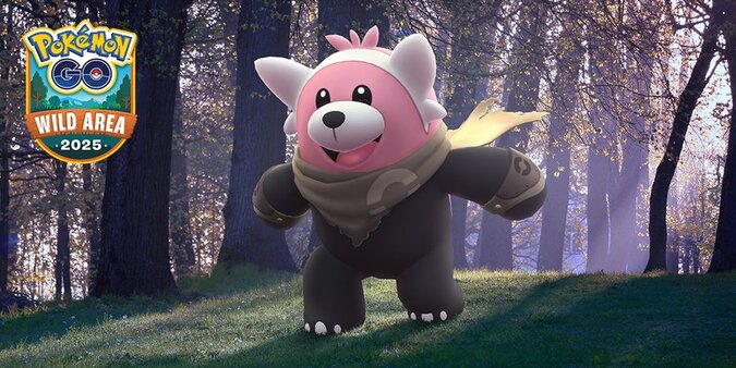 Bewear wearing a wilderness cape will make its Pokémon GO debut via raids during Pokémon GO Wild Area 2025