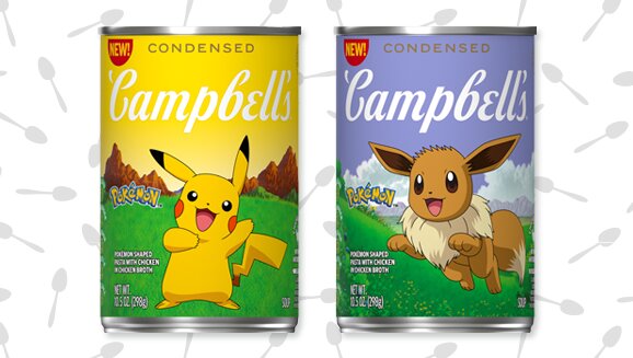 The Pokémon Company teams up with Campbell’s to create Campbell’s Condensed Kids Soup, Pokémon Shaped Pasta With Chicken in Chicken Broth with cans featuring Bulbasaur, Charmander, Squirtle, Pikachu, Jigglypuff, Eevee, Mewtwo and Mew
