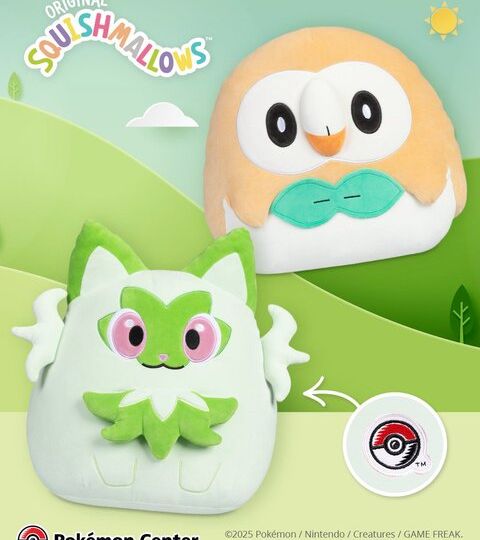 Sprigatito and Rowlet Squishmallows with the exclusive Pokémon Center patch available now at the official Pokémon Center