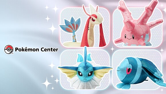 New Sparkly Friends Plush collection featuring Vaporeon, Corsola, Milotic and Lumineon arrives February 2026 at the official Pokémon Center