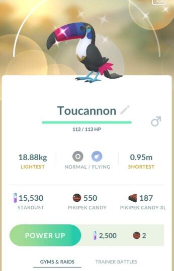 Pokémon GO screenshot of Shiny Toucannon that knows the Pokémon GO Community Day exclusive move Beak Blast
