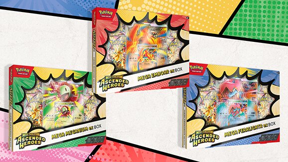 New Pokémon TCG: Mega Evolution—Ascended Heroes Mega Meganium ex, Mega Emboar ex and Mega Feraligatr ex Boxes will be available April 24 at the Pokémon Center and where Pokémon TCG products are sold