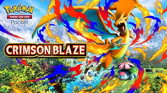 New Crimson Blaze booster pack available now in Pokémon TCG Pocket featuring new cards, Mega-Evolved Pokémon like Mega Charizard Y, Mega Venusaur and Mega Blastoise as Mega Evolution Pokémon ex, and more