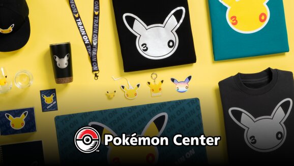 Pokémon 30th merchandise collection available now at the official Pokémon Center with new merchandise showcasing Pikachu and its 30th anniversary logo cheeks