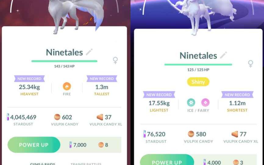 Pokémon GO screenshots of Shiny Ninetales that knows Energy Ball and Shiny Alolan Ninetales that knows Chilling Water from Vulpix and Alolan Vulpix Pokémon GO Community Day
