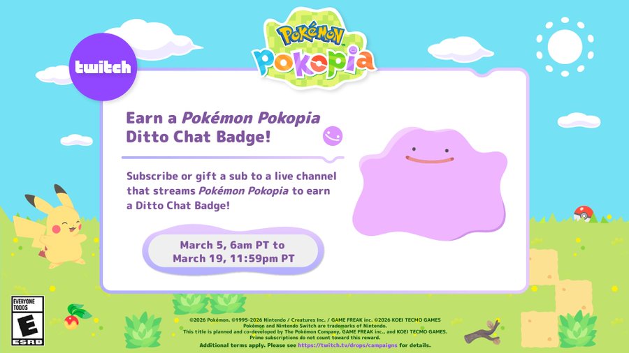 You can subscribe or gift a sub to a Twitch streamer while they stream Pokémon Pokopia to earn a Ditto Chat Badge from March 5 to 19