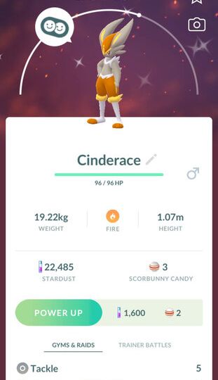 Pokémon GO screenshot of Shiny Cinderace that knows the Pokémon GO Community Day exclusive move Blast Burn
