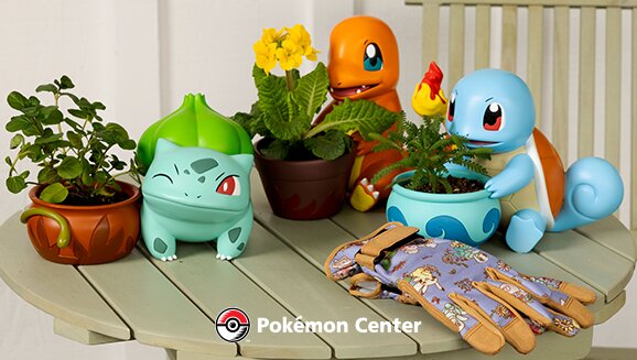 New line of garden supplies available now at the official Pokémon Center featuring sculpted planters featuring Bulbasaur, Charmander, Squirtle, Pikachu and more