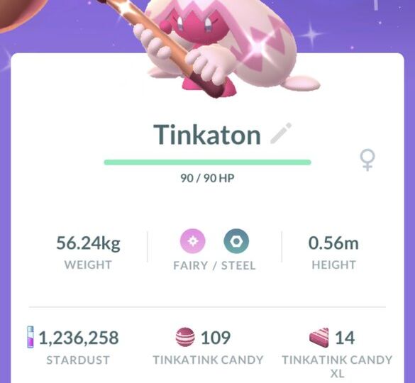 Pokémon GO screenshot of Shiny Tinkaton that knows the Pokémon GO Community Day exclusive move Gigaton Hammer